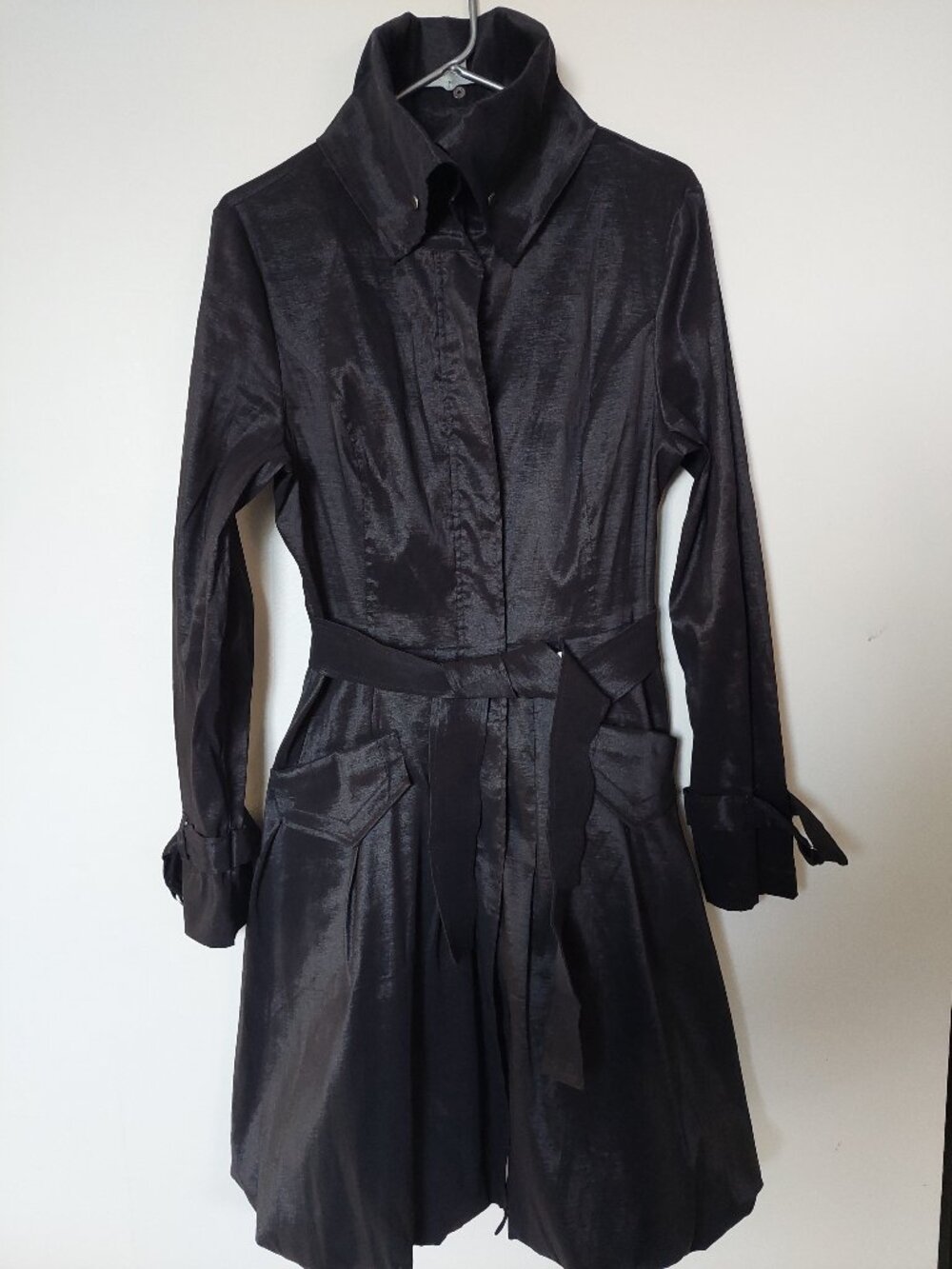 Gilani Women's Sz 10 Stretch Taffeta Belted Fit & Flare Balloon Coat Black